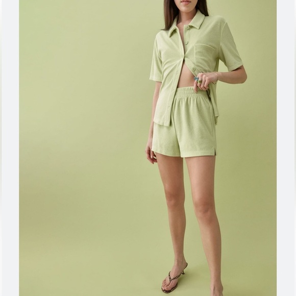 REFORMATION Fuji Button up Green Terry Shirt Short Sleeve Patch Pocket SZ Small - Picture 2 of 13